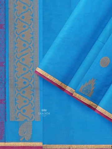 Blue Kanchi Cotton Saree with Thread Butta on the Body and Thread with Zari Border - Diadem