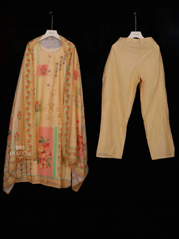Yellow Semi Banaras Straight Cut Salwar Suits Adorned with Floral Prints and Beads, paired with Dupatta - Diadem