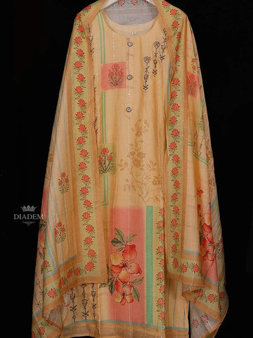 Yellow Semi Banaras Straight Cut Salwar Suits Adorned with Floral Prints and Beads, paired with Dupatta - Diadem