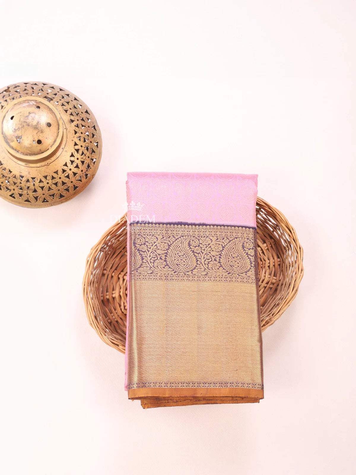 Light Pink Pure Kanchipuram Bridal Silk Saree with Zari Brocade on the body and Contrast Zari Border - Diadem