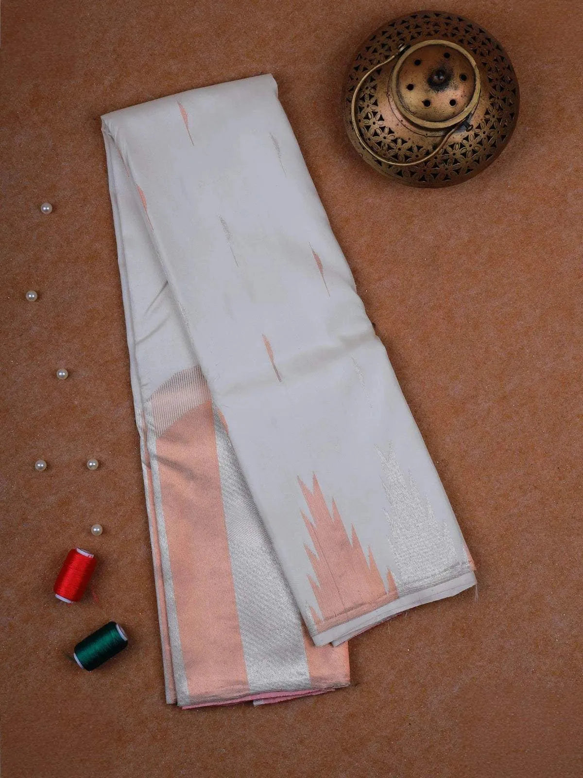 White Pure Kanchipuram Silk Saree with Malli Moggu Butta on the Body Temple Pattern Border - Diadem