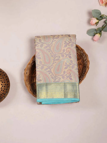 Light Yellow Pure Kanchipuram Bridal Silk Saree with Paisley Motif on the body and Contrast Zari Border - Diadem