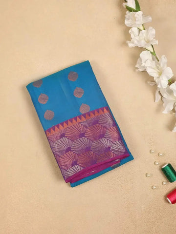 Blue Pure Kanchipuram Silk Saree with Leaf Motif on the Body with Zari Border - Diadem