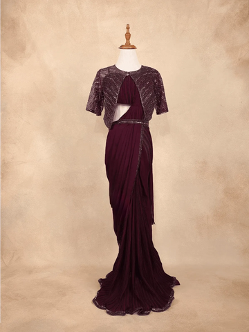 Burgundy Crush Satin Ready to Wear Saree with Plain Body Paired with Designer Blouse Waist Belt and Overcoat - Diadem