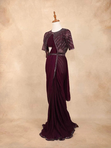 Burgundy Crush Satin Ready to Wear Saree with Plain Body Paired with Designer Blouse Waist Belt and Overcoat - Diadem