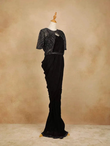 Black Crushed Georgette Saree with Plain body paired with Matching Blouse Waist Belt and Overcoat - Diadem