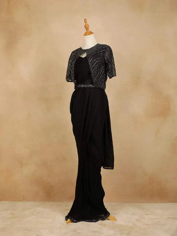 Black Crushed Georgette Saree with Plain body paired with Matching Blouse Waist Belt and Overcoat - Diadem
