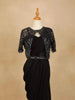 Black Crushed Georgette Saree with Plain body paired with Matching Blouse Waist Belt and Overcoat - Diadem