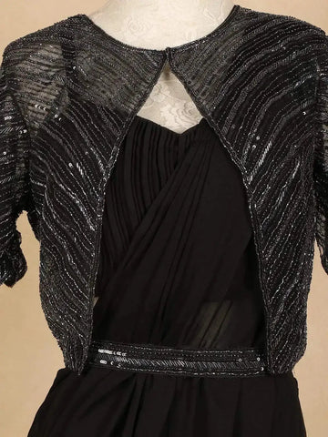 Black Crushed Georgette Saree with Plain body paired with Matching Blouse Waist Belt and Overcoat - Diadem