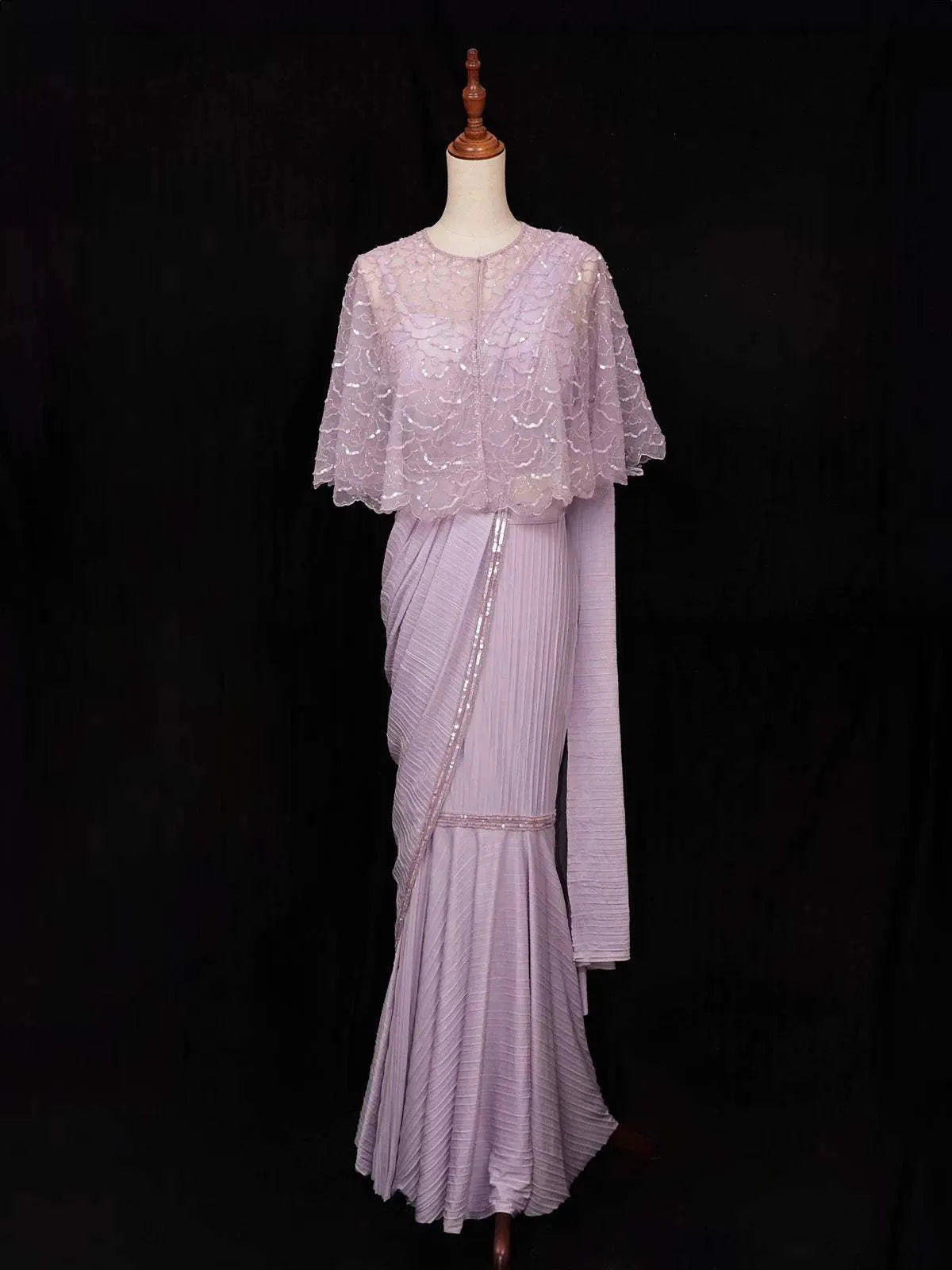 Lavender Chiffon Ready to Wear Saree with Plain Body Paired with Designer Blouse and Overcoat - Diadem