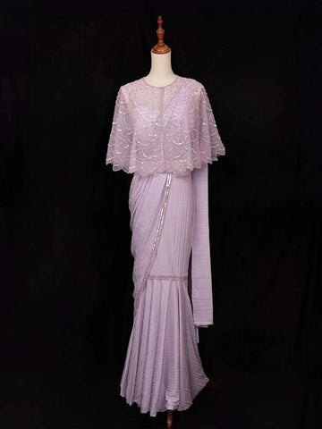 Lavender Chiffon Ready to Wear Saree with Plain Body Paired with Designer Blouse and Overcoat - Diadem