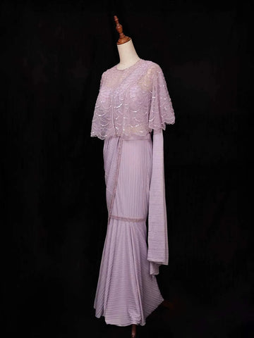 Lavender Chiffon Ready to Wear Saree with Plain Body Paired with Designer Blouse and Overcoat - Diadem