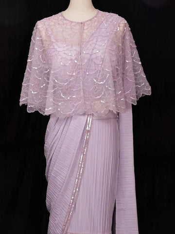 Lavender Chiffon Ready to Wear Saree with Plain Body Paired with Designer Blouse and Overcoat - Diadem