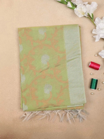Light Green Silk Cotton Saree with Flower and leaf Design on the Body with Matching Border - Diadem