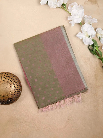 Olive Green Silk Cotton Saree with Leaf Motifs On the Body with Designed Border - Diadem