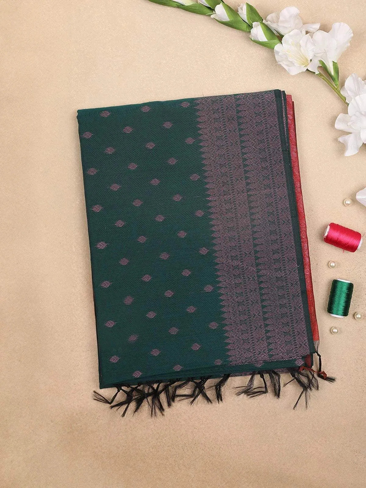 Dark Green Silk Cotton Saree with Leaf Motifs Design on the Body with Designed Border - Diadem
