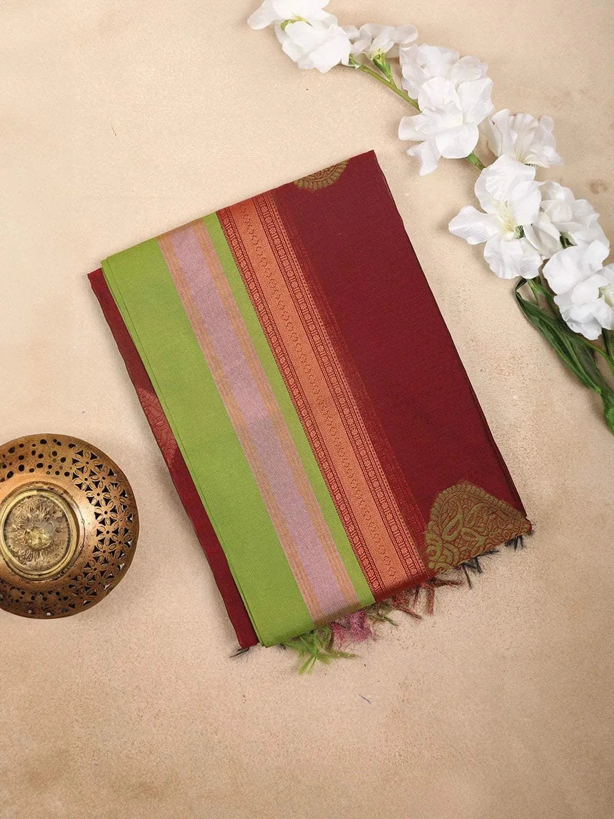 Dark Brown Silk Cotton Saree with Zari Brocade Design on the Body with Contrast Border - Diadem