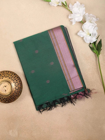 Dark Green Silk Cotton Saree with Flower Motifs on the Body with Contrast Border - Diadem