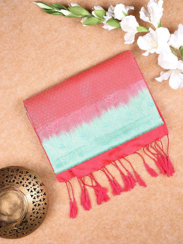 Green Soft Silk Saree with Floral Jacquard Design on the Body with Contrast Border - Diadem