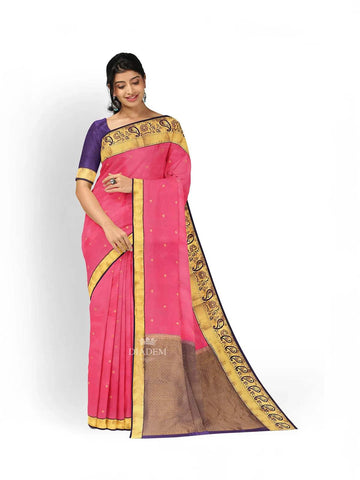 Pink Silk Saree with Zari Butta on the body and Contrast Zari Border - Diadem