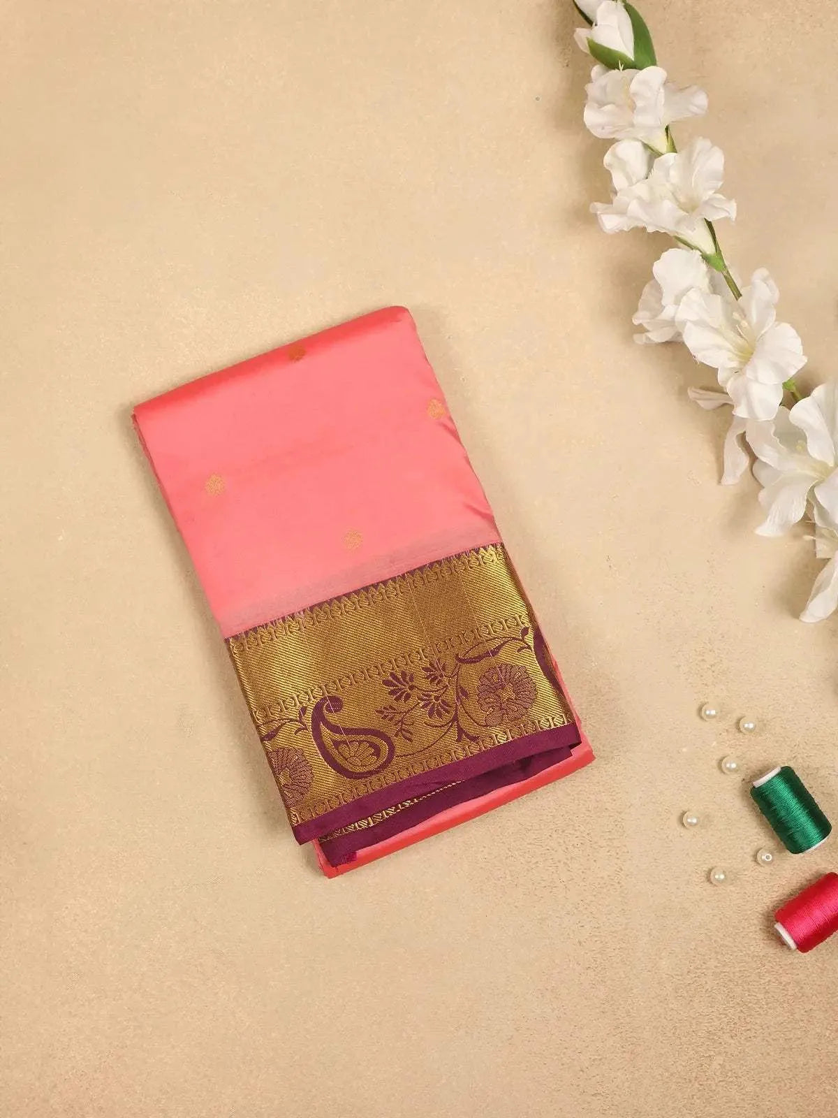 Light Pink Pure Kanchipuram Silk Saree with Floral Design with Designed Zari Border - Diadem