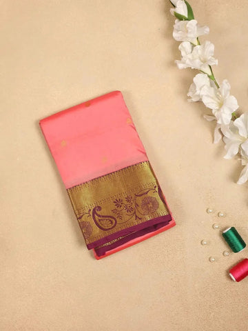 Light Pink Pure Kanchipuram Silk Saree with Floral Design with Designed Zari Border - Diadem