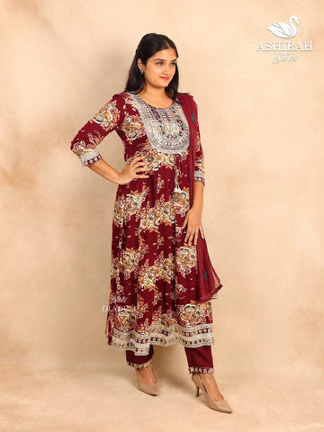 Maroon Straight Cut Salwar Suit for Girls Adorned with Floral Prints and Threadwork Embroidery paired with Dupatta - Diadem