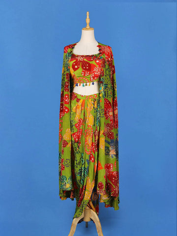 Green Lehenga Embellished with Floral Printed Designs, Paired with Overcoat - Diadem
