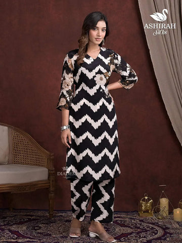 Black and White Straight Cut Salwar Suit Embellished with Chevron Pattern and Floral Prints - Diadem