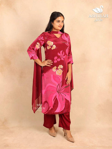 Burgundy Straight Cut Satin Salwar Suit with Floral Prints paired with Dupatta - Diadem