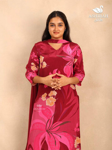 Burgundy Straight Cut Satin Salwar Suit with Floral Prints paired with Dupatta - Diadem
