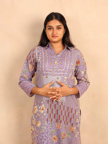 Lavender Straight Cut Salwar Suit for women Adorned with Floral Prints - Diadem