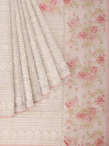 Ivory and Peach Organza Saree with Floral Threadwork and Prints on the Body, and Design Border - Diadem