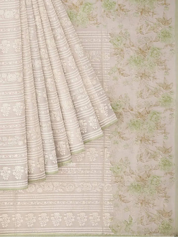 Ivory and Green Organza Saree with Floral Threadwork and Prints on the Body, and Design Border - Diadem