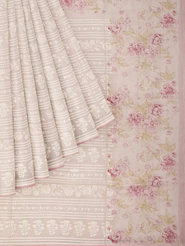 Ivory and Pink Organza Saree with Floral Threadwork and Prints on the Body, and Design Border - Diadem