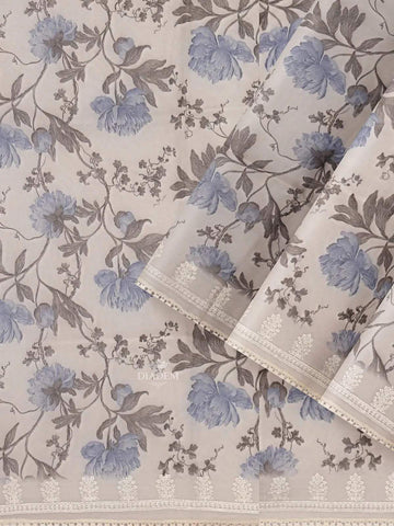 Ivory and Blue Organza Silk Saree with Floral Prints on the body and Embroidery Border - Diadem