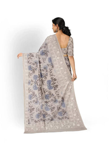Ivory and Blue Organza Silk Saree with Floral Prints on the body and Embroidery Border - Diadem