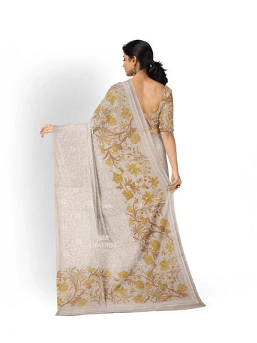 Ivory and Mustard Yellow Organza Silk Saree with Floral Prints on the body and Embroidery Border - Diadem