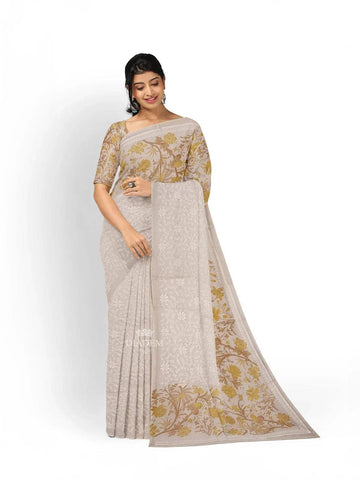 Ivory and Mustard Yellow Organza Silk Saree with Floral Prints on the body and Embroidery Border - Diadem