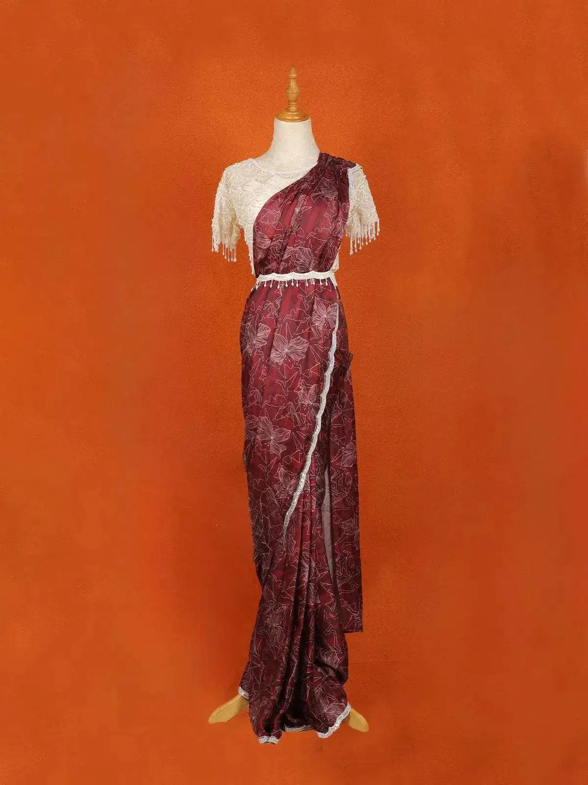 Wine Floral Printed Satin Saree with Designer Blouse and Waist Belt - Diadem