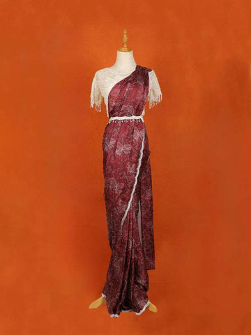 Wine Floral Printed Satin Saree with Designer Blouse and Waist Belt - Diadem