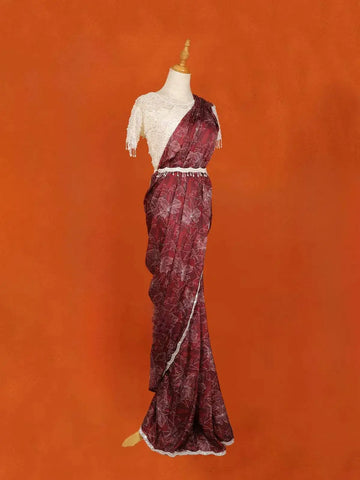 Wine Floral Printed Satin Saree with Designer Blouse and Waist Belt - Diadem