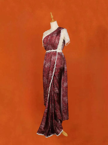 Wine Floral Printed Satin Saree with Designer Blouse and Waist Belt - Diadem