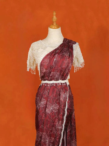 Wine Floral Printed Satin Saree with Designer Blouse and Waist Belt - Diadem
