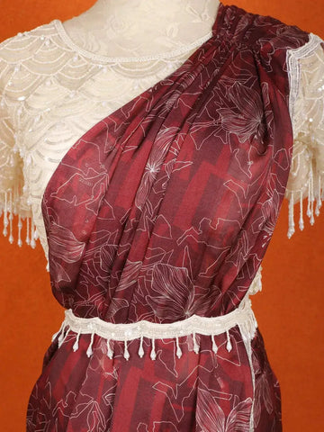 Wine Floral Printed Satin Saree with Designer Blouse and Waist Belt - Diadem