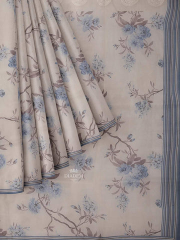 Ivory and Blue Organza Silk Saree with Floral Prints on the body and Embroidery Border - Diadem