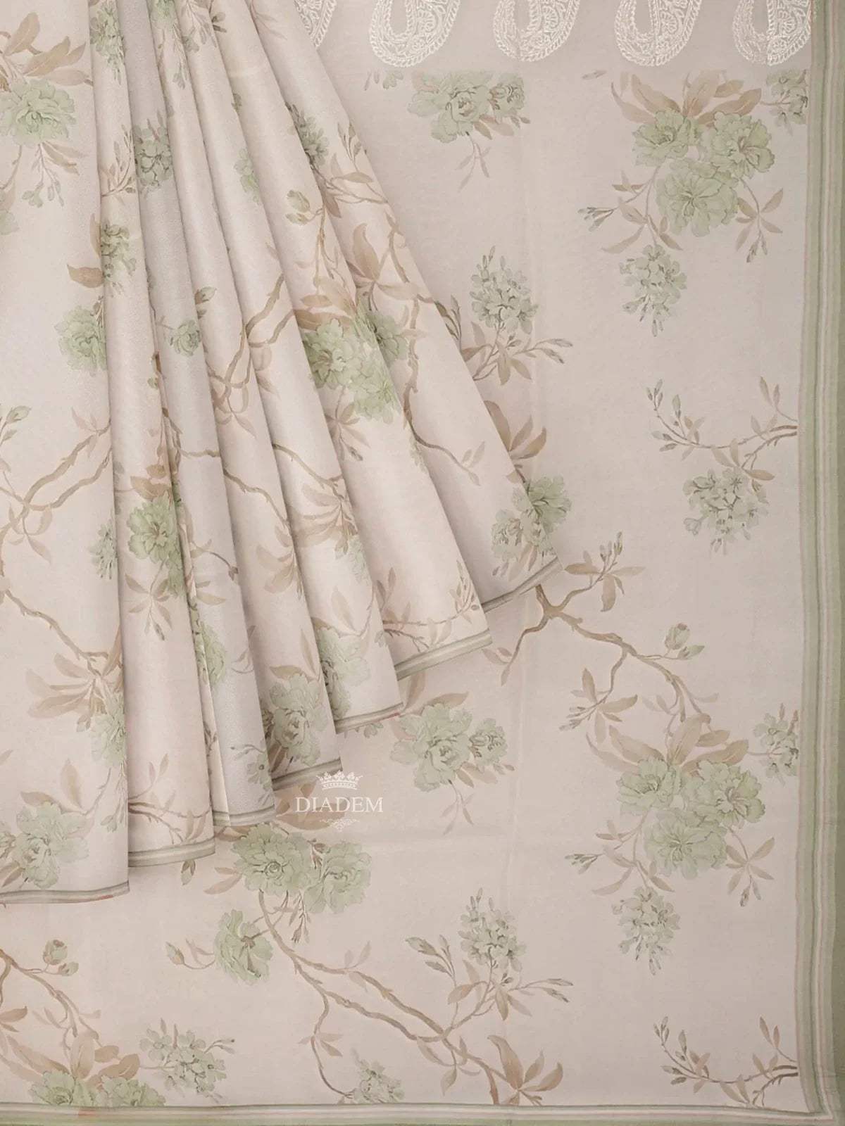 Ivory and Green Organza Silk Saree with Floral Prints on the body and Embroidery Border - Diadem