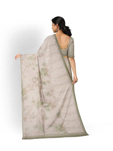 Ivory and Green Organza Silk Saree with Floral Prints on the body and Embroidery Border - Diadem