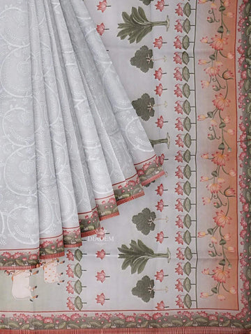 Light Blue Organza Saree with Floral Thread work on the body and Printed Border - Diadem