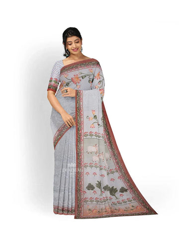 Light Blue Organza Saree with Floral Thread work on the body and Printed Border - Diadem